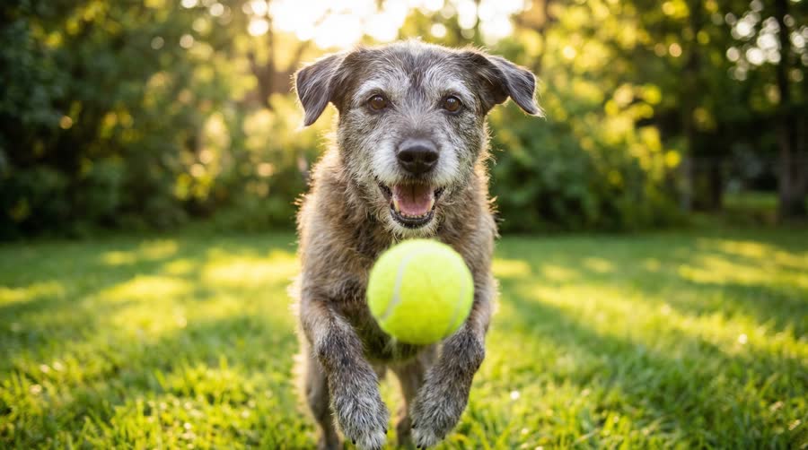 A gray-muzzled senior dog running to catch a tennis ball in a sunlit yard